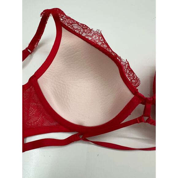 Victorias Secret Womens Bra 32D Very Sexy Lightly Lined Plunge Red Lacy Strappy - Picture 12 of 15